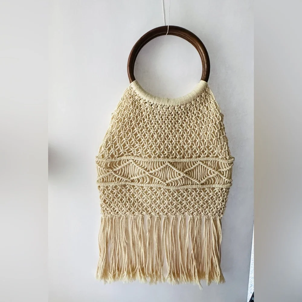 Macrame Crochet Handbag Woven Purse Wood Ring Handles Fringe Boho Bag NEW
